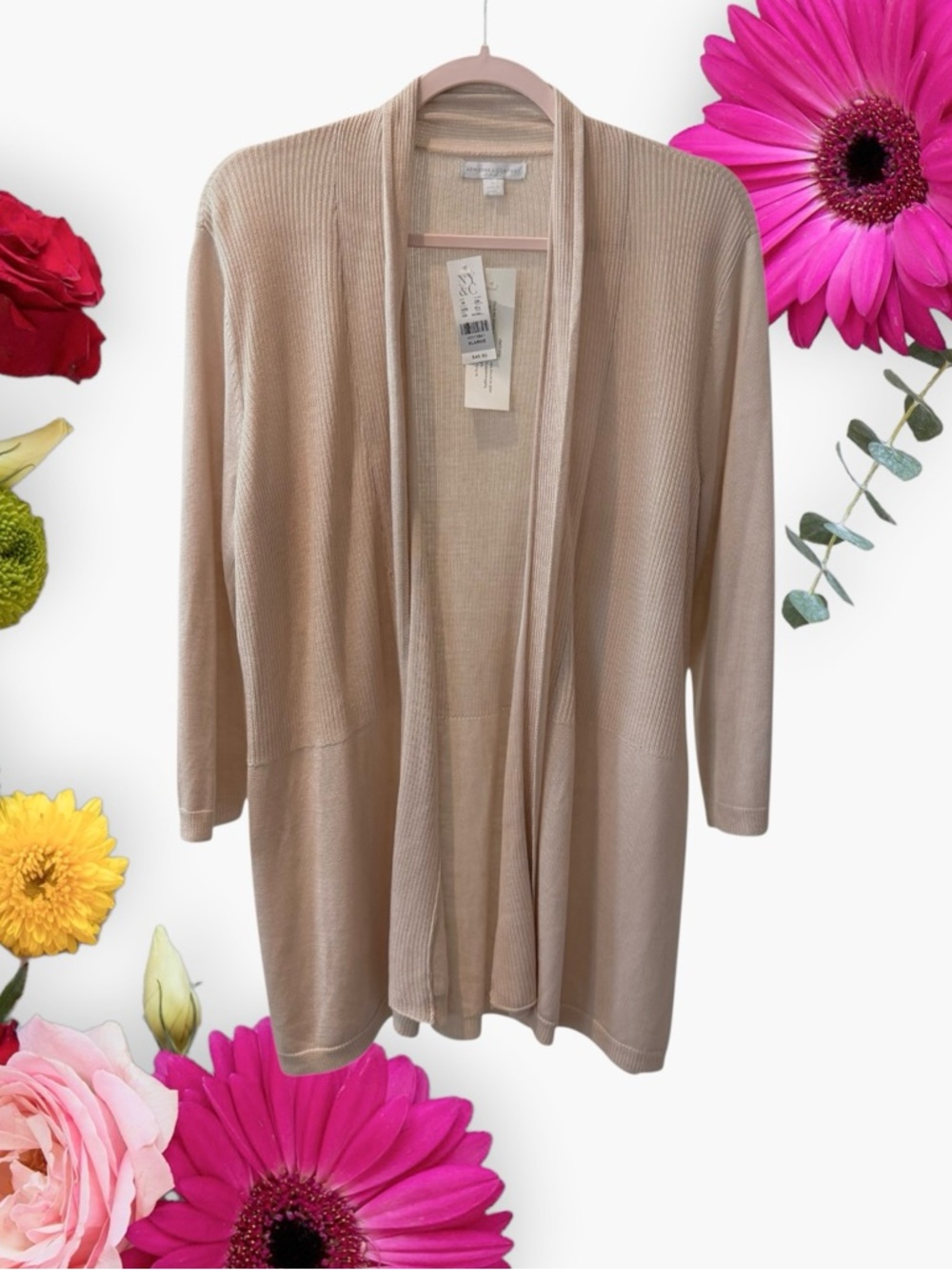New York & Company Light Beige Open-Front Longline Cardigan Sweater